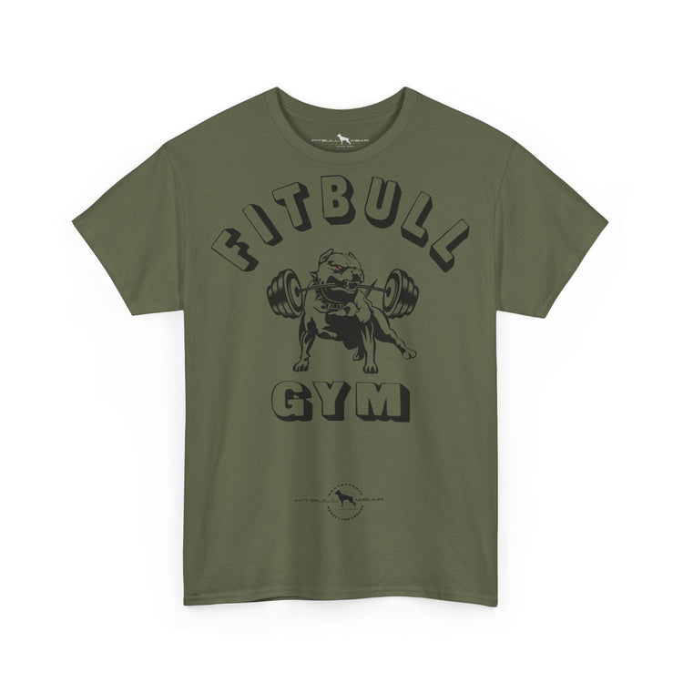 Green fitness t-shirt with 'Fitbull Gym' graphic on a white background