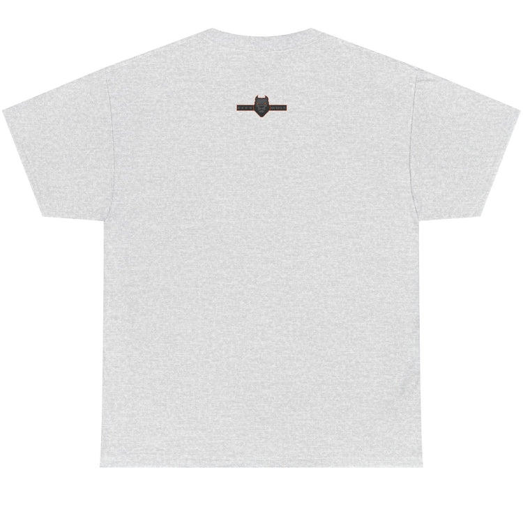 White t-shirt with a small black logo on the chest against a white background