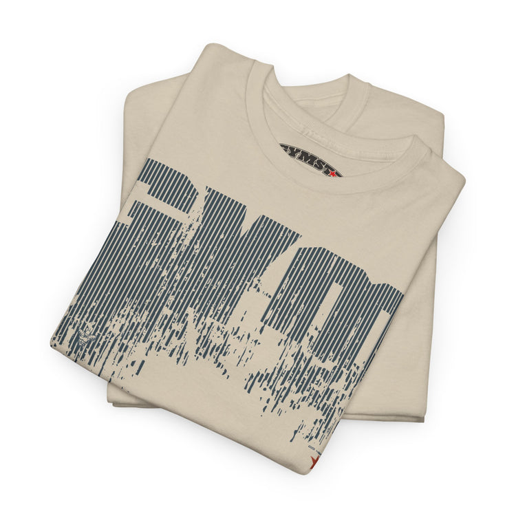 A folded beige t-shirt with a large distressed dark gray graphic reading 'EVOL' across the front, displayed on a clean white background.