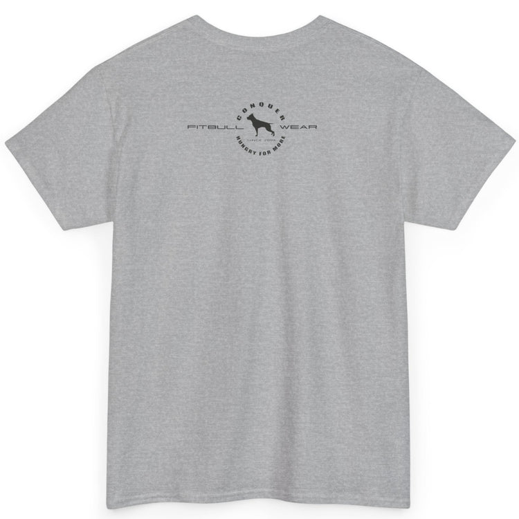 Gray t-shirt with a logo on the back against a white background