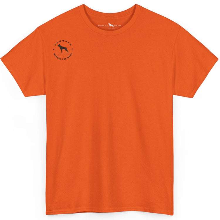 Orange t-shirt with a small logo on the chest against a white background