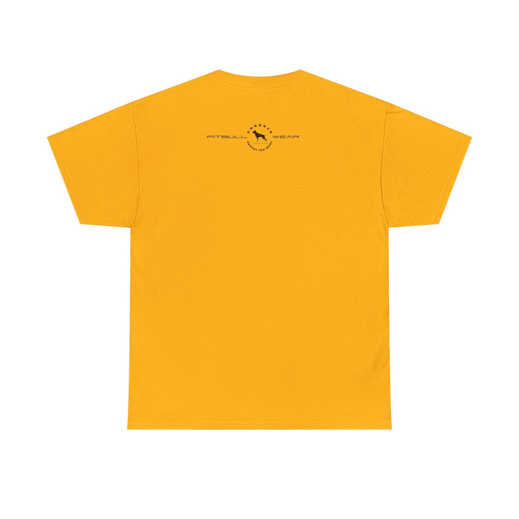 Yellow FITBULL fitness t-shirt with a small logo on the back against a white background