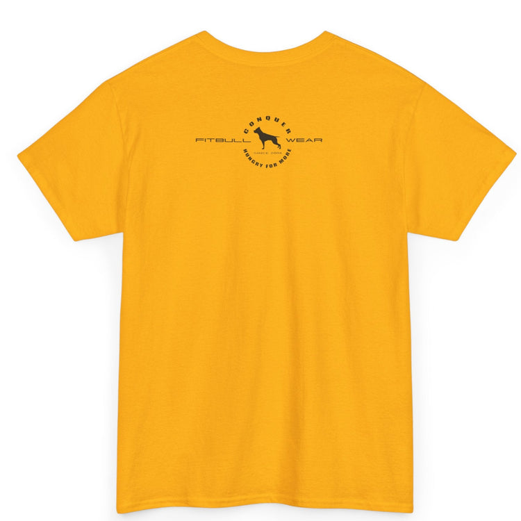 Yellow t-shirt with a logo on the back against a white background