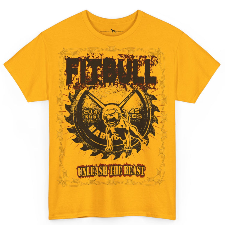 Yellow t-shirt with black graphic design on a white background