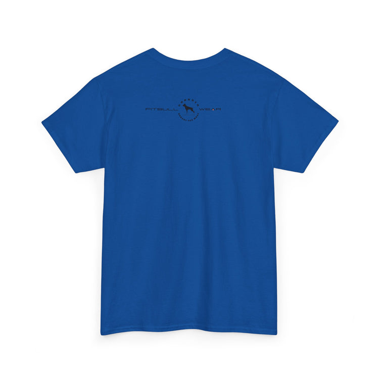 Blue fitness FITBULL t-shirt with a logo on the back against a white background