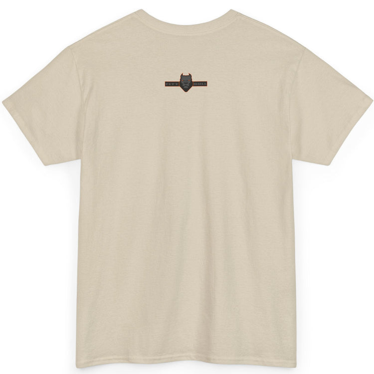 Beige t-shirt with a small black logo on the back against a white background