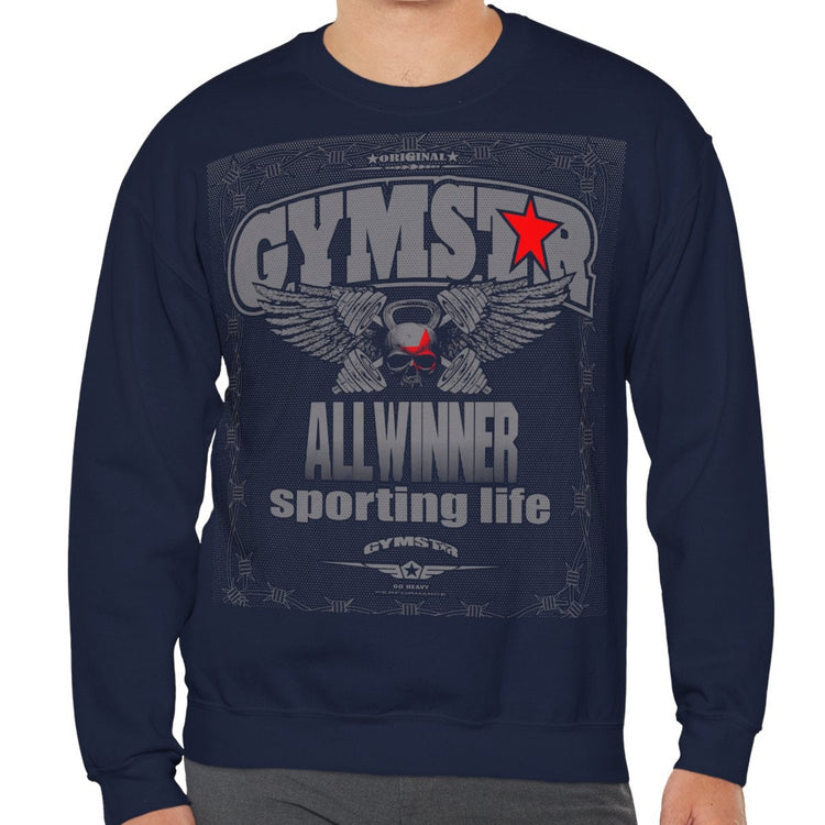 Man wearing a navy blue sweatshirt with 'GYMSTER ALL WINNER sporting life' text and logo on a white background