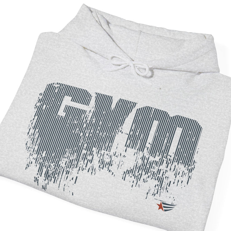 A folded light gray heather hoodie with a distressed dark gray 'GYM' graphic on the front and a small red and blue logo near the lower right front, shown on a plain white background.