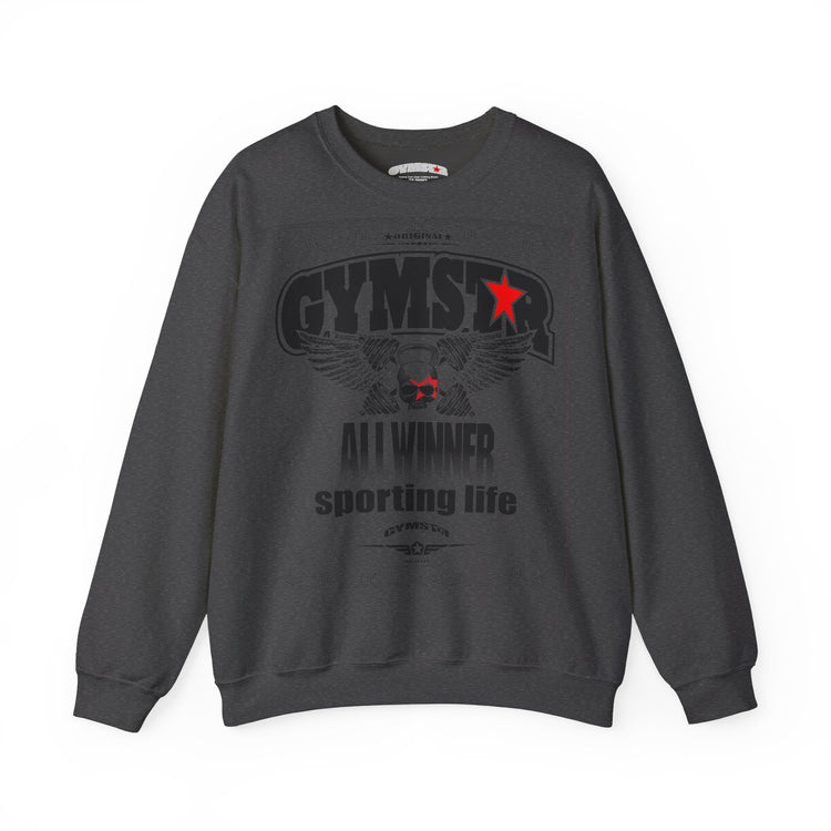 Gray sweatshirt with 'GYMSTAR' branding on a white background
