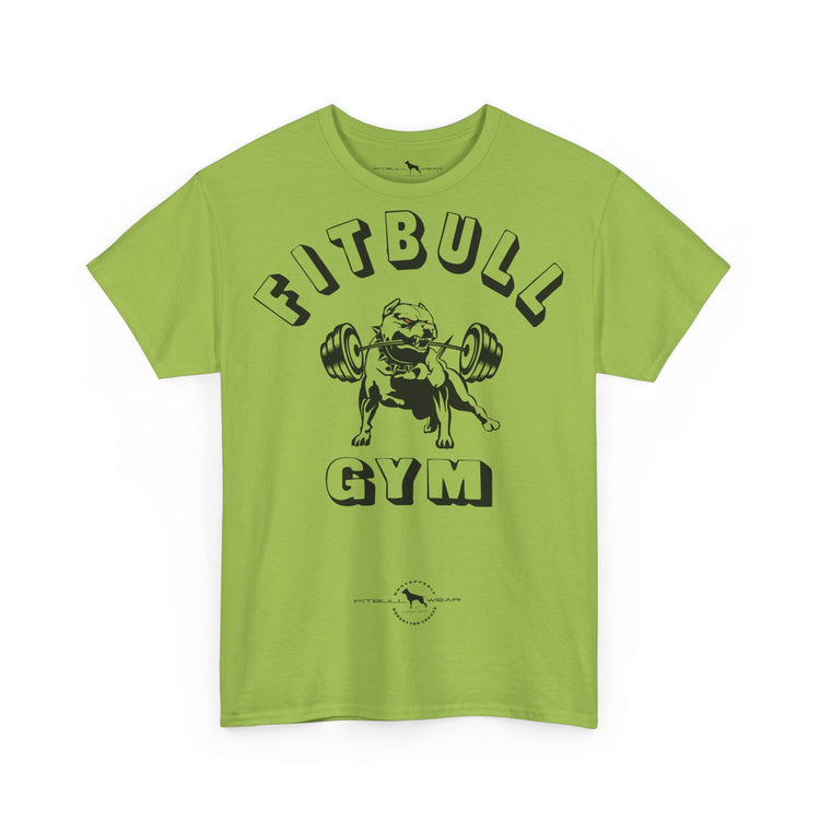 Green fitness t-shirt with 'Fitbull Gym' graphic on a white background