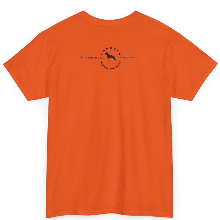 Orange t-shirt with a logo on the back against a white background