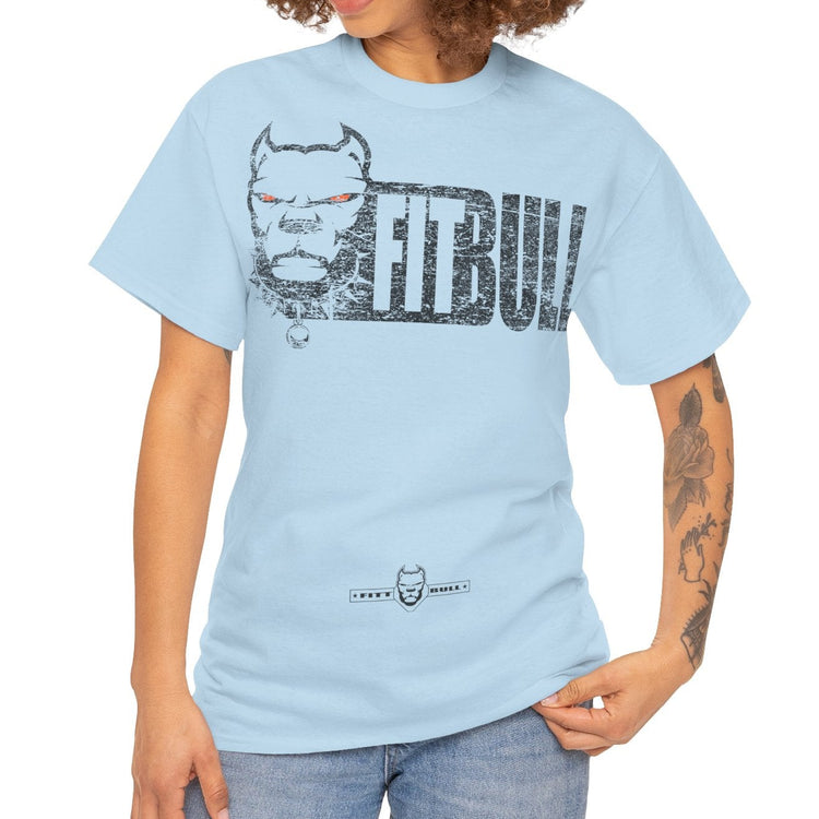 Woman wearing a light blue Fitbull t-shirt with a graphic design on a white background