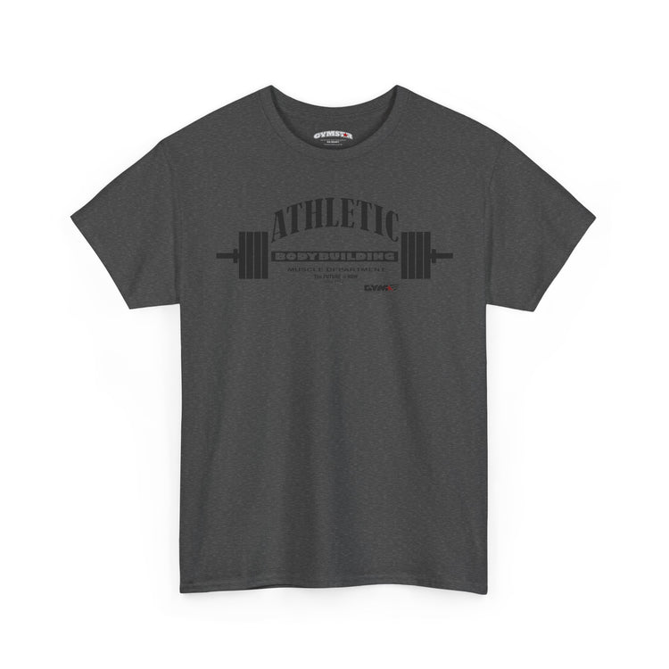 Dark gray Gymstar t-shirt with black graphic and text on a white background