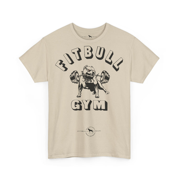 Beige fitnesst-shirt with 'Fitbull Gym' graphic design featuring a bulldog lifting weights on a white background.