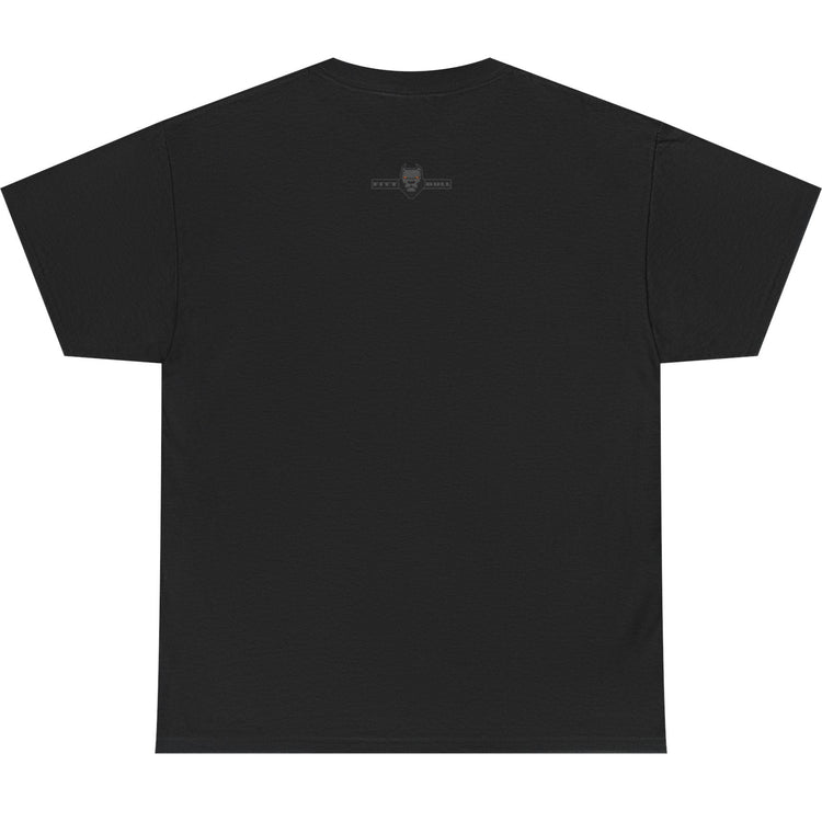 Black t-shirt with a small logo on the back against a white background