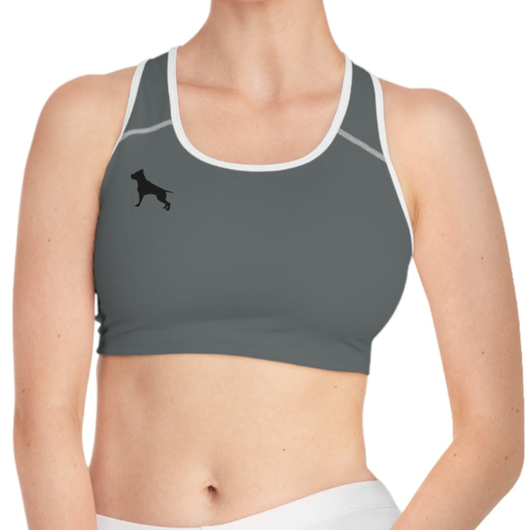 a woman wearing a charcoal-white sports bra fittbull-fitt-wear for crossfit training clothes