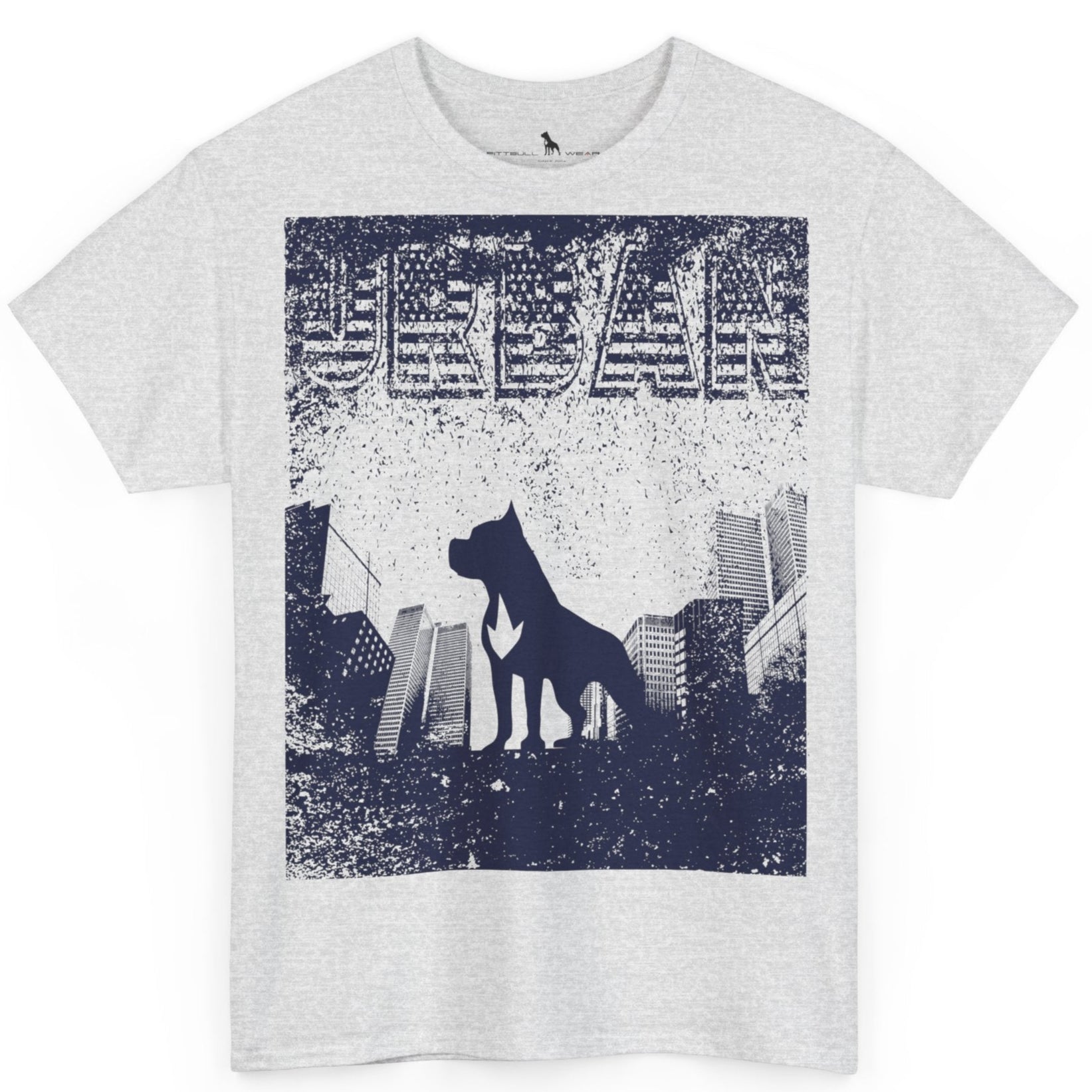 Fitbull fitness t-shirt with a graphic of a dog and urban cityscape grey.