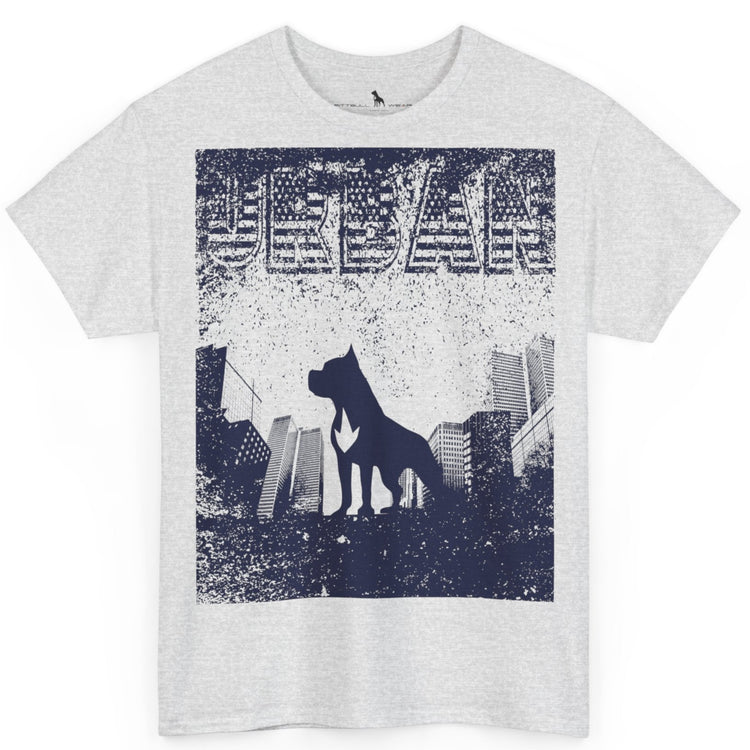 Fitbull fitness t-shirt with a graphic of a dog and urban cityscape grey.