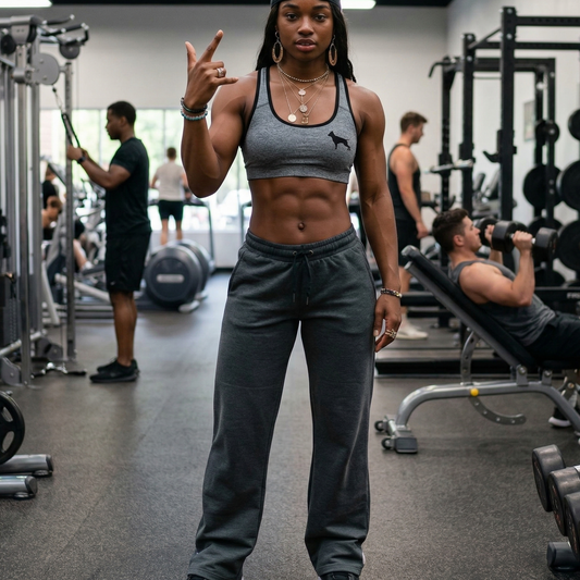 A woman in a gym wearing athletic fitbull sport bra fitness gear, making a peace sign.