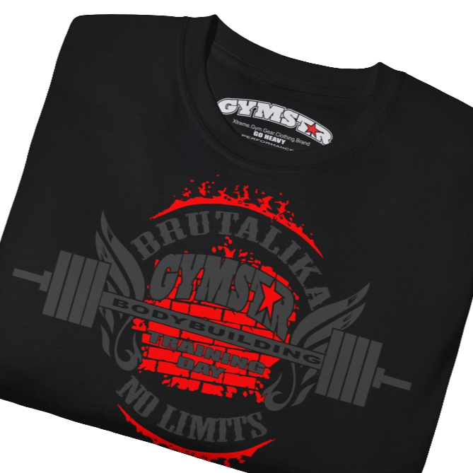A  black Gymstar t-shirt with a graphic print Brutalica and a barbell in the center, designed for fitness and sports. Front close up view