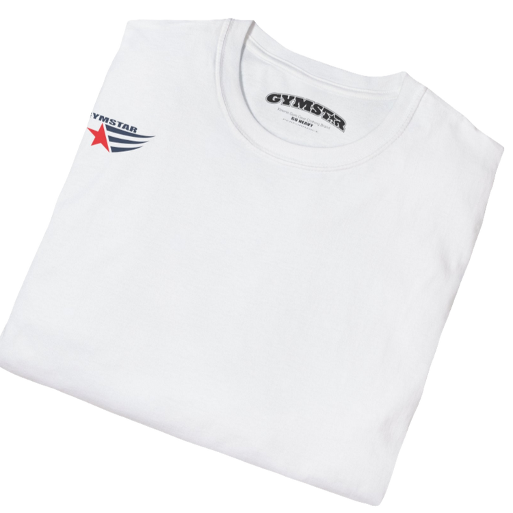 A men's white short-sleeved t-shirt Gymstar designed for fitness. It features a small logo on the left chest, which consists of a red star and three black stripes. Close up view.