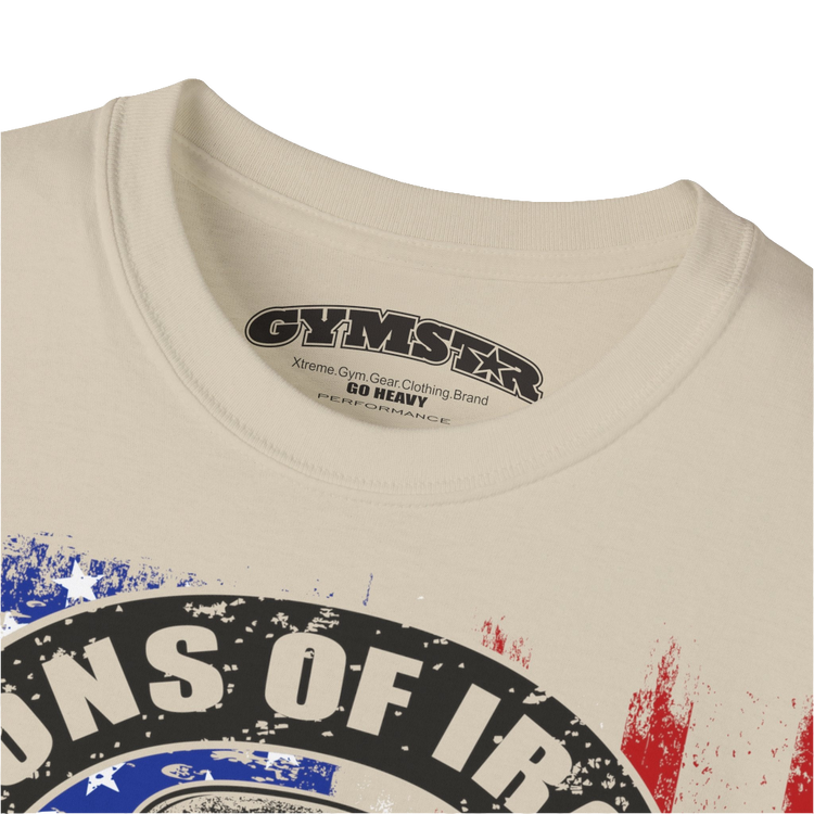 A beige Gymstar tee with a red, blue and black graphic that reads 'Sons Of Iron', skull-kettlebell, barbell and logo, presumably bodybulding or fitness. Logo Close up view.