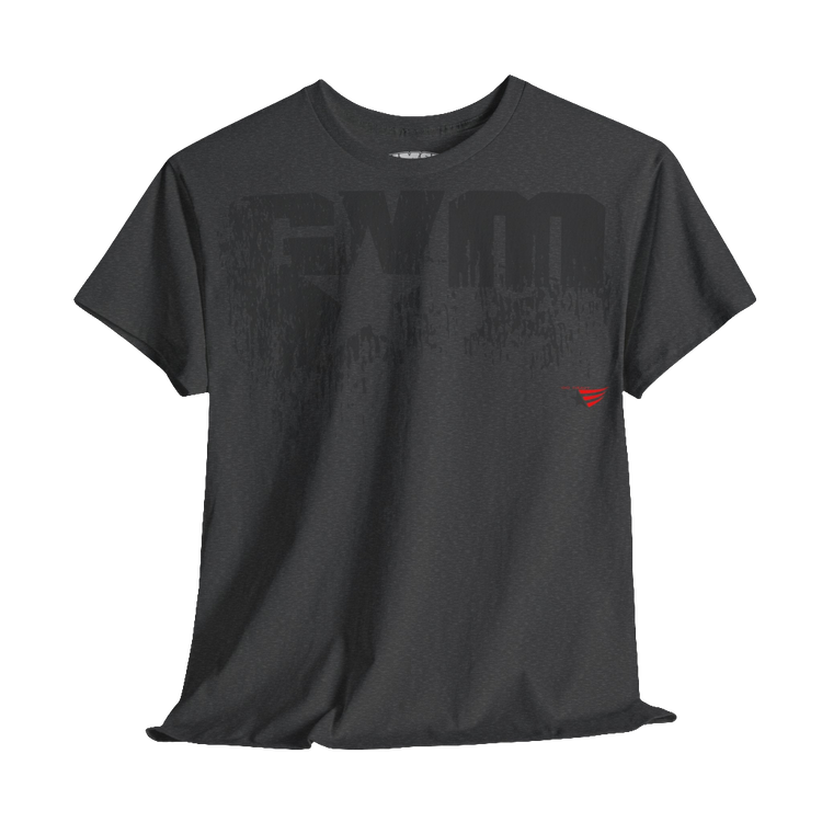 A dark grey Gymstar t-shirt with the text 'GYM' printed on the front, along with graphics of a weightlifter and dumbbells. Front view.