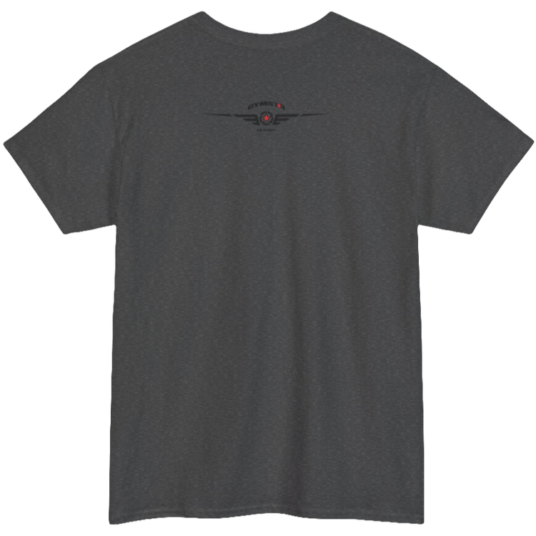 A grey Gymstar t-shirt with the text 'I WANT YOU' printed on the front, along with graphics of a weightlifter and dumbbells. Rear view.