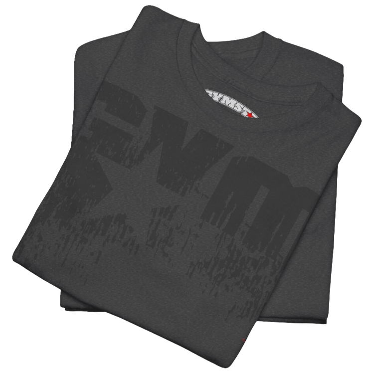 A dark grey Gymstar t-shirt with the text 'GYM' printed on the front, along with graphics of a weightlifter and dumbbells. Close up front view.