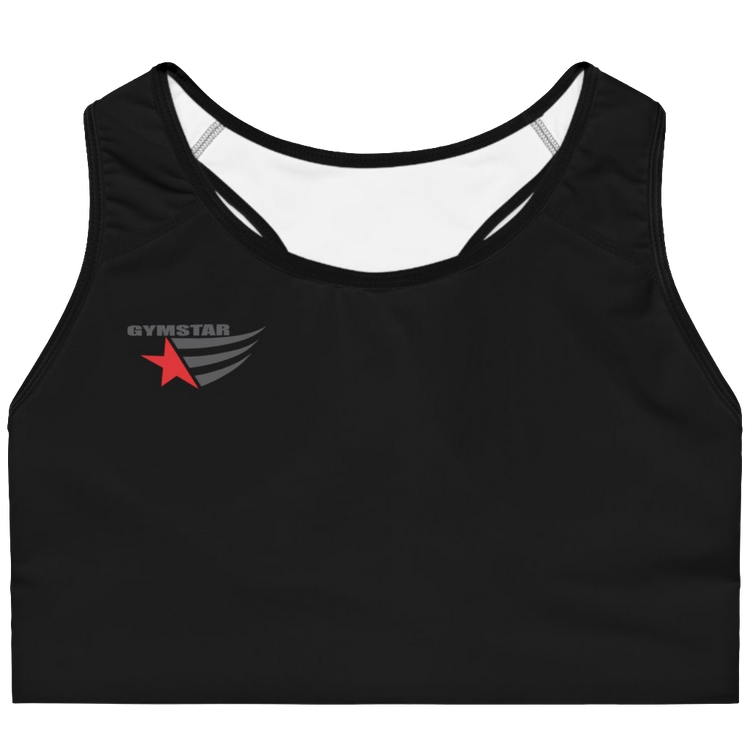 Black sports, fitness bra from the Gymstar brand, with a small logo on the left side.