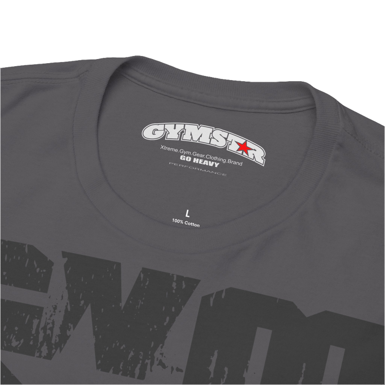 A carolina blue Gymstar t-shirt with the text 'I WANT YOU' printed on the front, along with graphics of a weightlifter and dumbbells.Close up view.