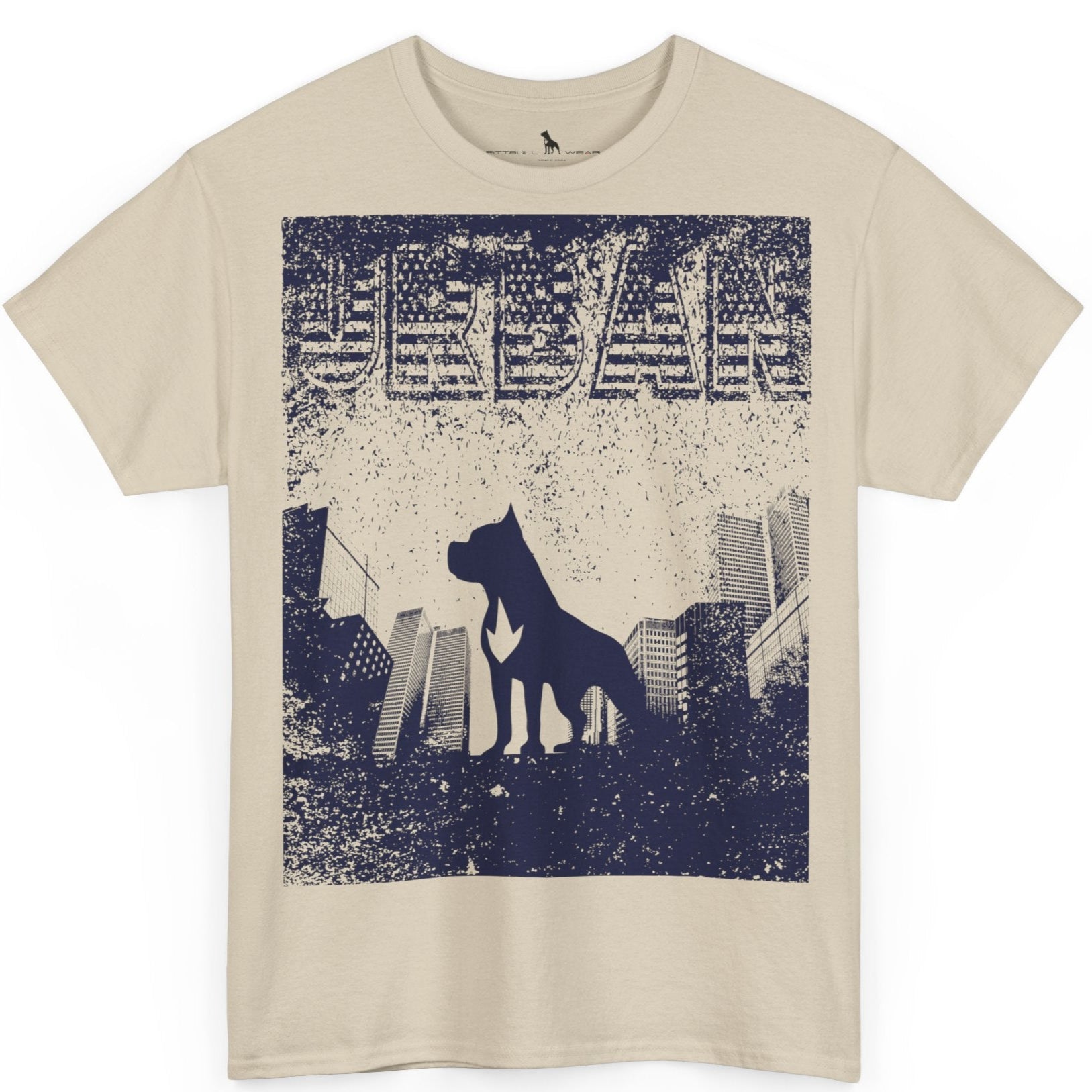 Fitbull fitness t-shirt with a graphic of a dog and urban cityscape beige.