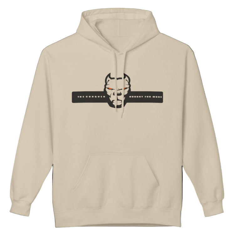 beige sporty hoodie for fitness and bodybuilding training by the brand Fitbull, branded with a logo and a motivating motif front view