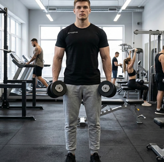 Man wearing a black,fitness, gymworks t-shirt, holding dumbbells in a gym setting with other people working out