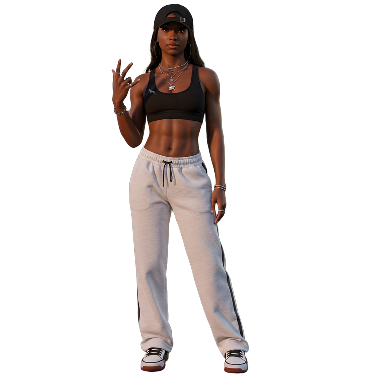 Woman wearing a black sports Fitbull bra and white sweatpants.