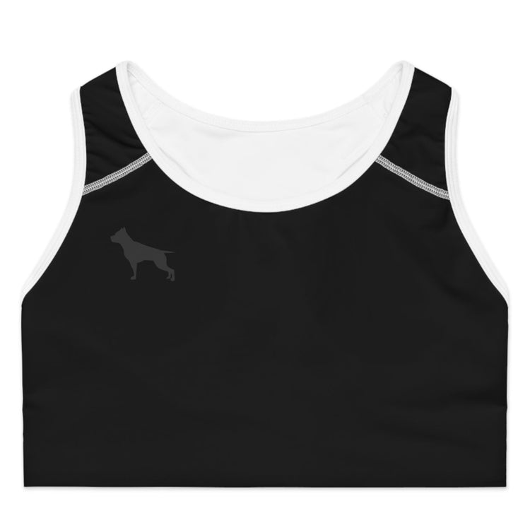 a photo of a black and white fitness bra fitbull fit wear brand, front view