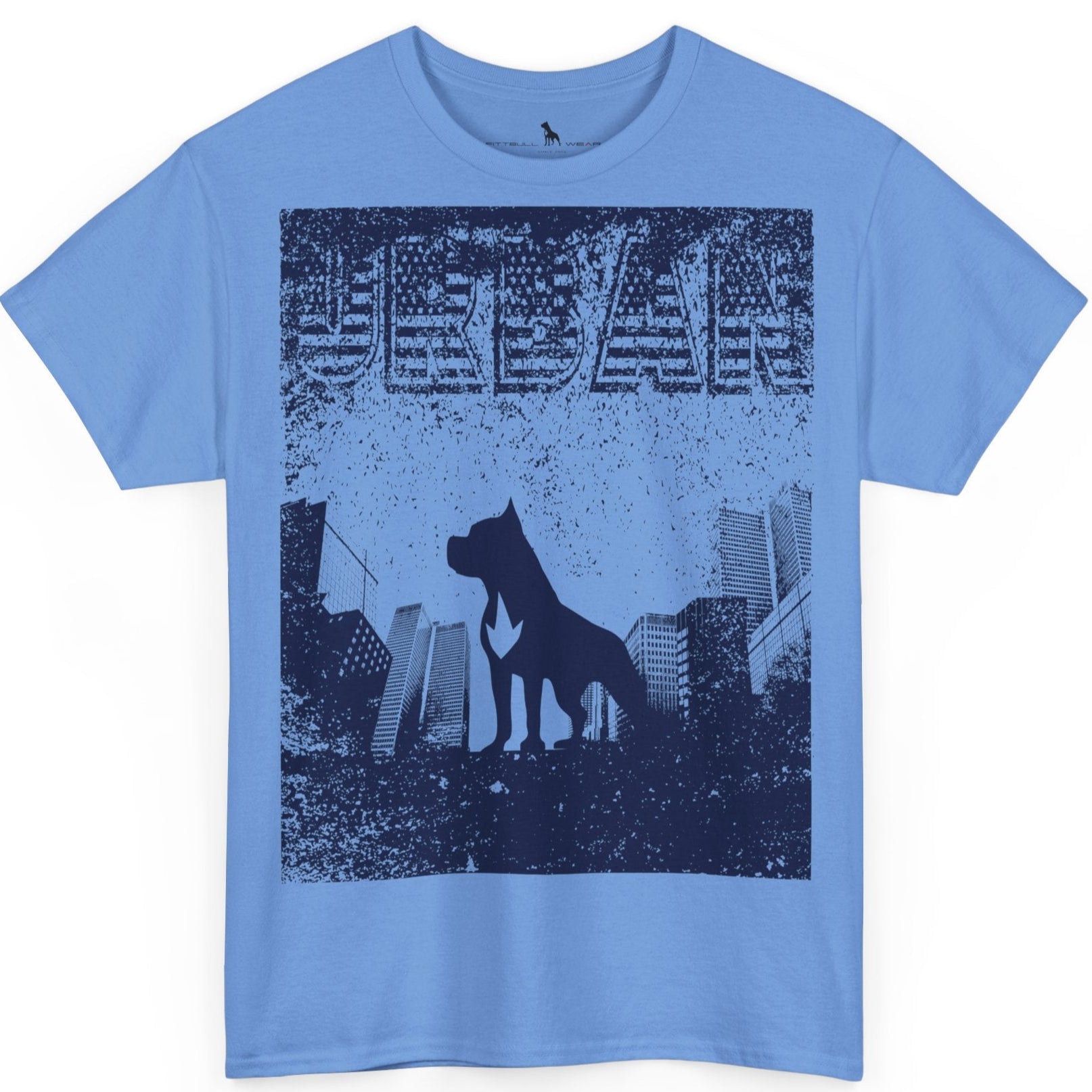 Fitbull fitness t-shirt with a graphic of a dog and urban cityscape blue.