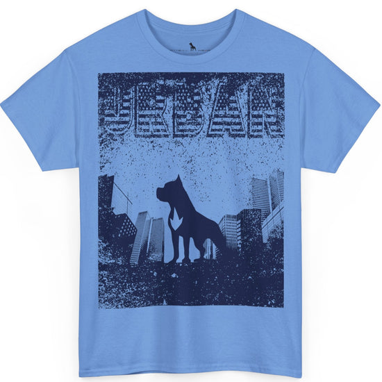 Fitbull fitness t-shirt with a graphic of a dog and urban cityscape blue.