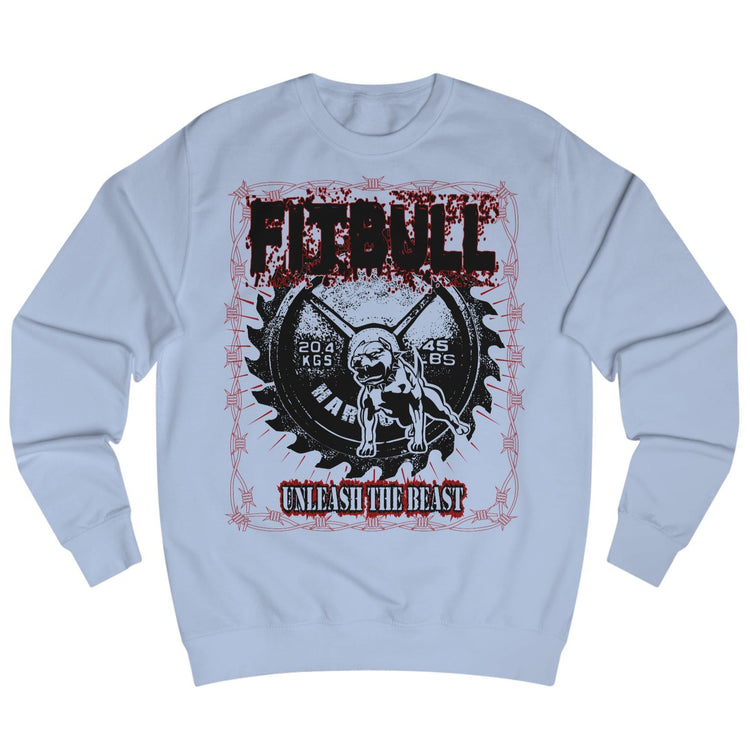 Light blue sweatshirt Fitbull with a motivational sports brand and design graphic on the front.