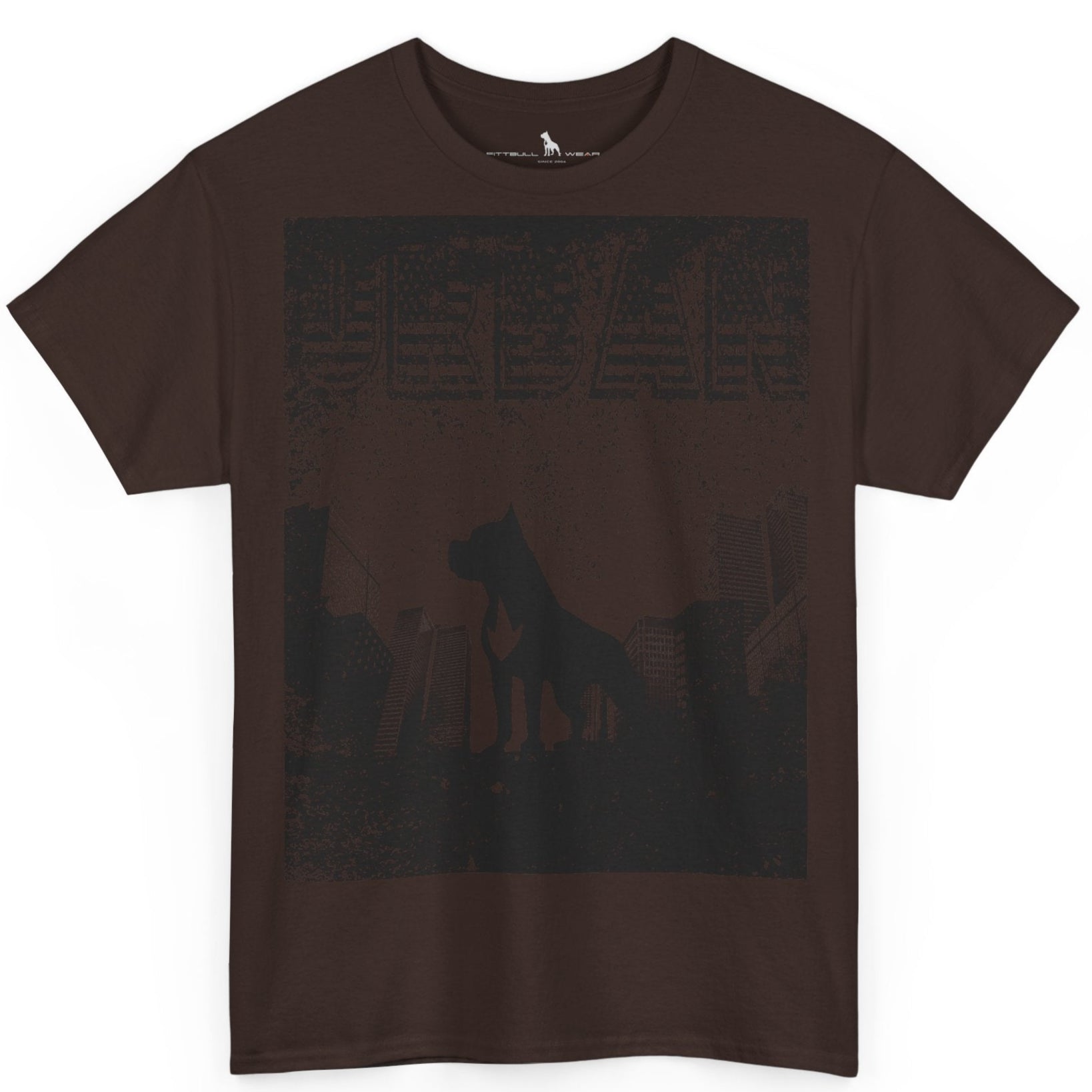 Fitbull fitness t-shirt with a graphic of a dog and urban cityscape brown.
