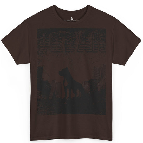 Fitbull fitness t-shirt with a graphic of a dog and urban cityscape brown.