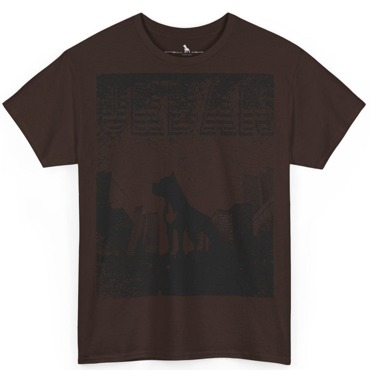 Fitbull fitness t-shirt with a graphic of a dog and urban cityscape brown.
