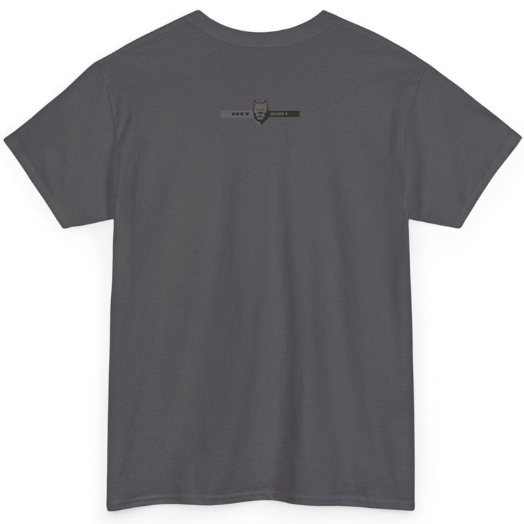 Fitbull fitness t-shirt with a graphic of a dog and urban cityscape charcoal back.