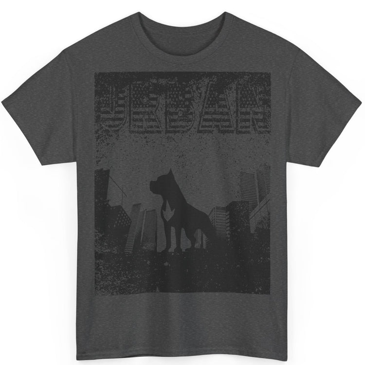 Fitbull fitness t-shirt with a graphic of a dog and urban cityscape dark grey.