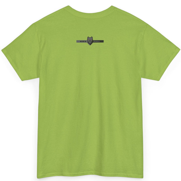 A Fitbull t-shirt with a Conquer motivational graphic design back kiwi green.