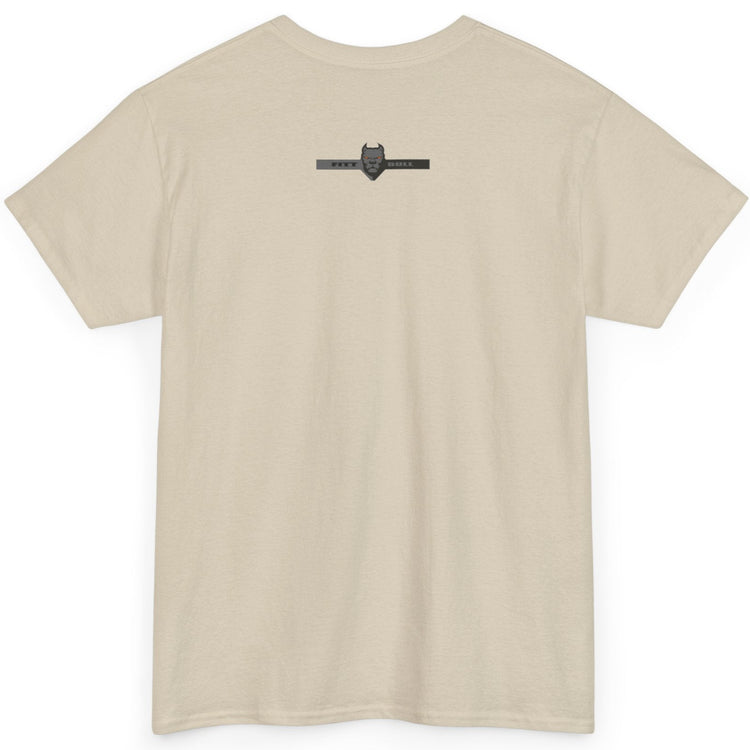 A Fitbull t-shirt with a Conquer motivational graphic design back beige.