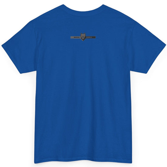A Fitbull t-shirt with a Conquer motivational graphic design back blue.