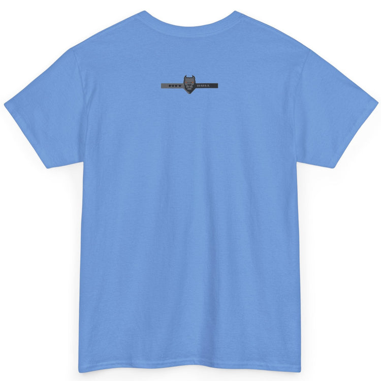 A Fitbull t-shirt with a Conquer motivational graphic design back carollina blue.