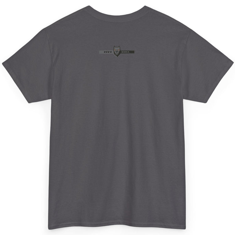 A Fitbull t-shirt with a Conquer motivational graphic design back charcoal.