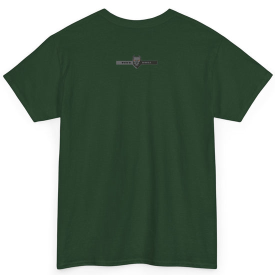 A Fitbull t-shirt with a Conquer motivational graphic design back dark green.